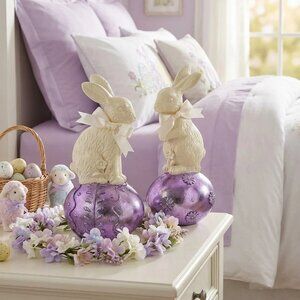 Chocolate Bunny Easter Decor | Metallic Purple Egg Statues | Centerpiece Set
